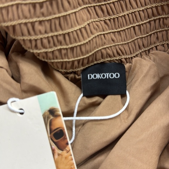 Dokotoo NWT Tan Square Neck Tie Back 3/4 Sleeve Aline Mini Dress Size Small - Picture 9 of 14